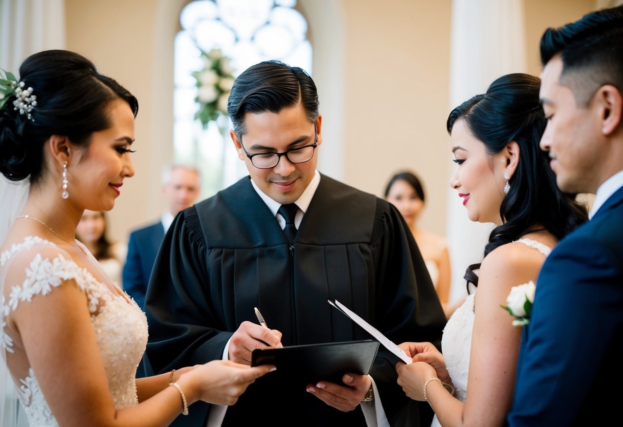 A wedding officiant checking the identification of witnesses before the ceremony begins