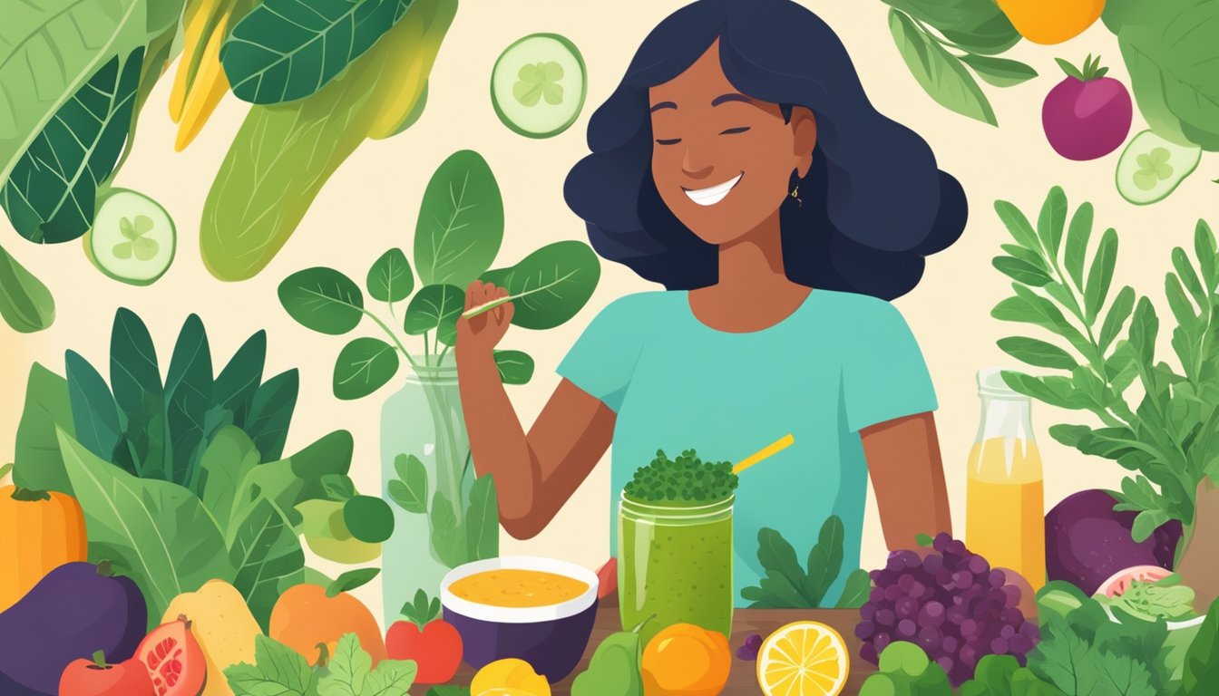 A person happily adding moringa leaves to a smoothie, surrounded by vibrant fruits and vegetables