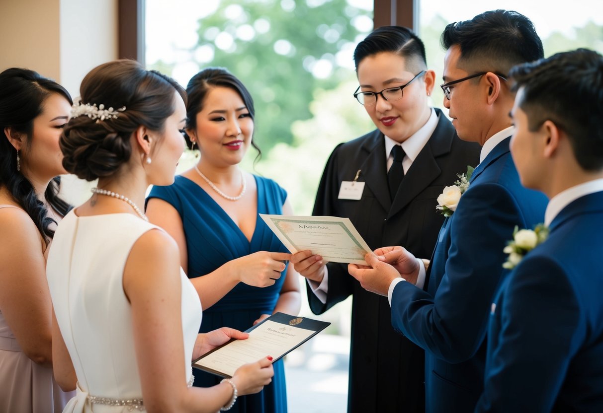 A wedding officiant checking the identification of two witnesses before the ceremony