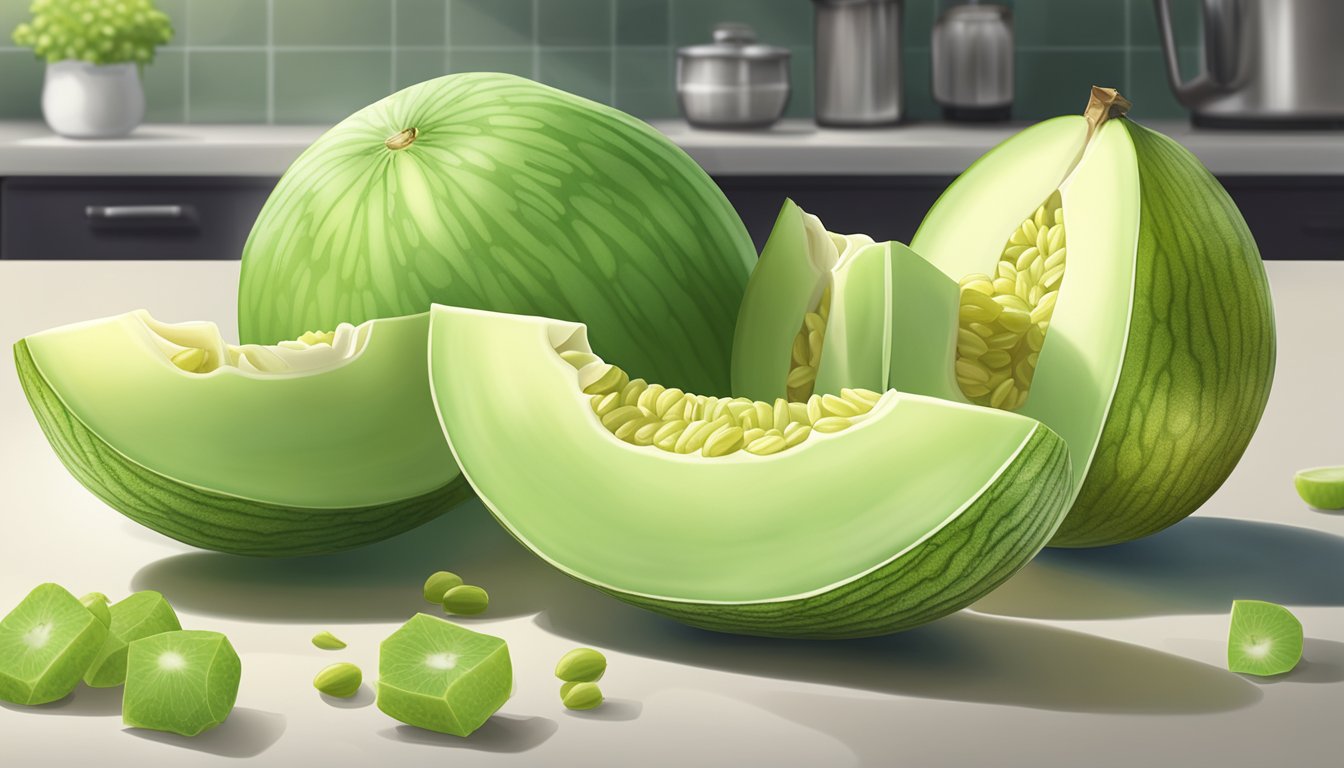 A whole honeydew melon cut open, revealing its pale green flesh and seeds, sitting on a clean kitchen counter