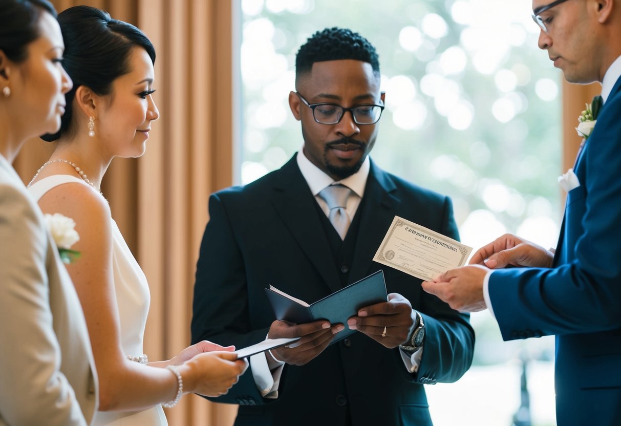 A wedding officiant checking identification of potential witnesses