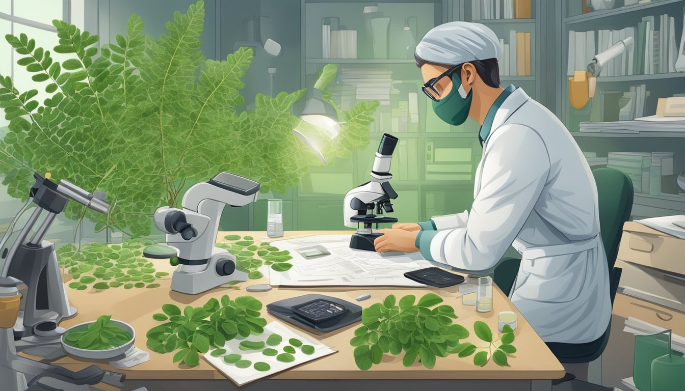 A scientist examines moringa leaves under a microscope, surrounded by research equipment and documents