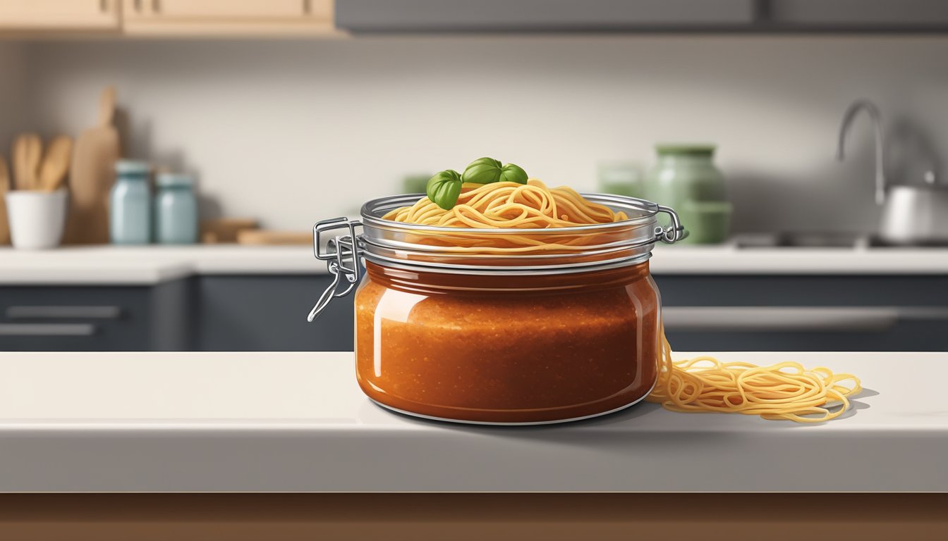 A jar of expired spaghetti sauce sits on a kitchen counter, with visible mold and a foul odor emanating from the open lid