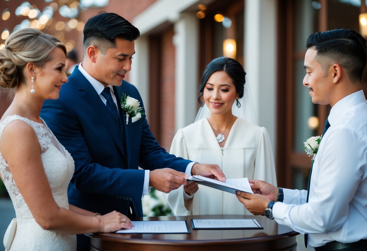 A wedding officiant checking the identification of two witnesses before finalizing the marriage documentation