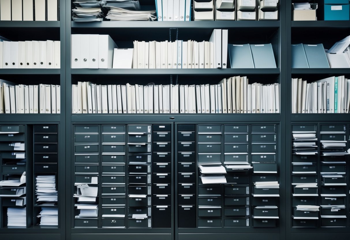 A large, intricate filing system with countless shelves and drawers, filled with neatly organized documents and folders