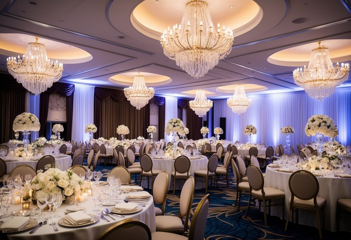 A lavish wedding rehearsal with elegant decor, sparkling chandeliers, and a grand banquet table
