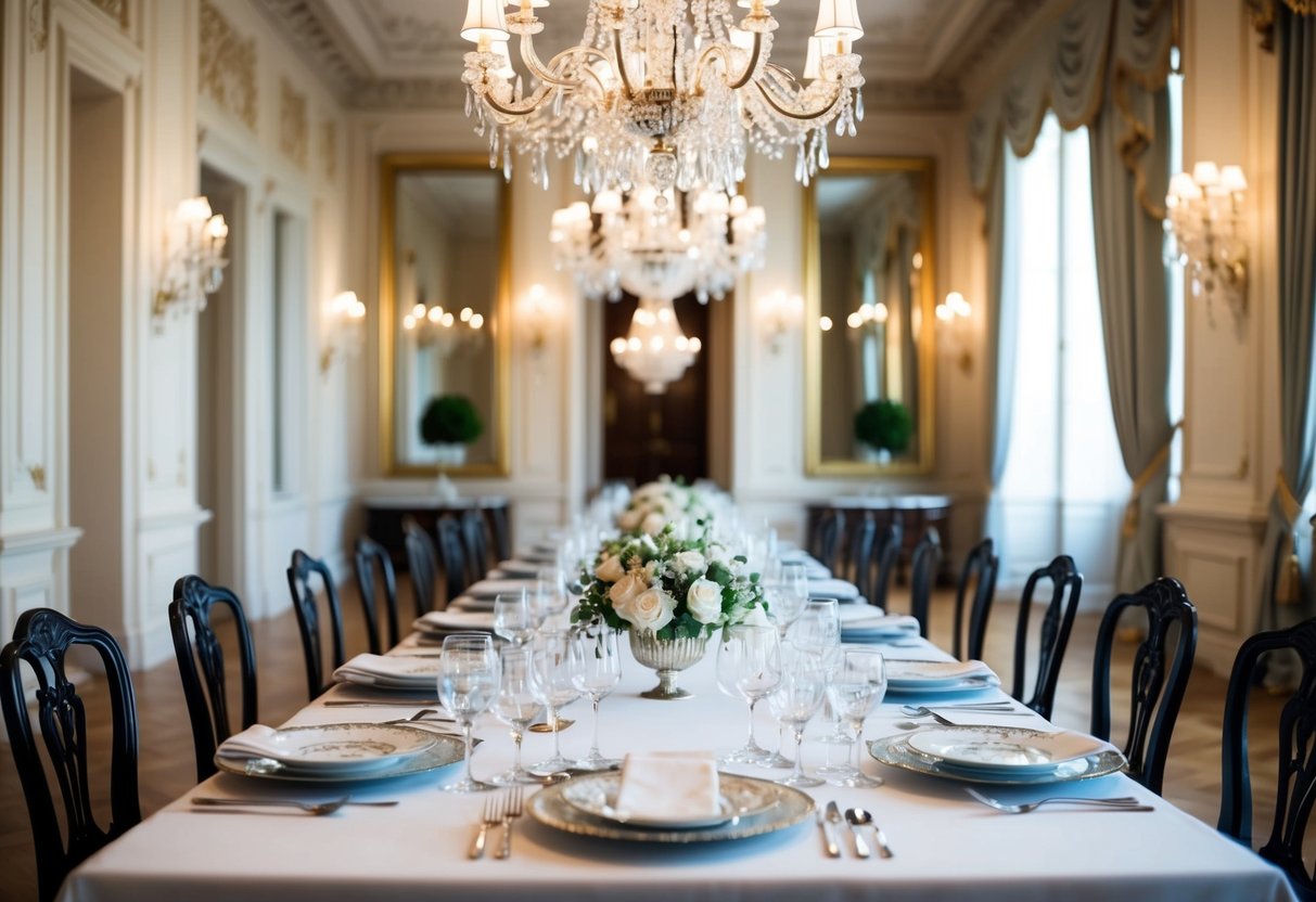A grand hall with elegant decor, chandeliers, and a long dining table set with fine china and crystal glassware