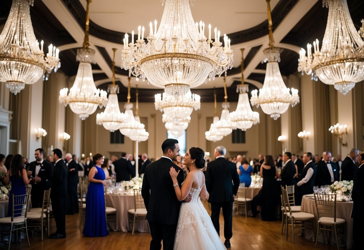 A grand ballroom with elegant chandeliers, ornate decor, and guests in formal attire