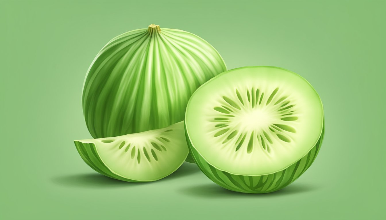 A sliced unripe honeydew melon with a dull, pale green color and firm texture