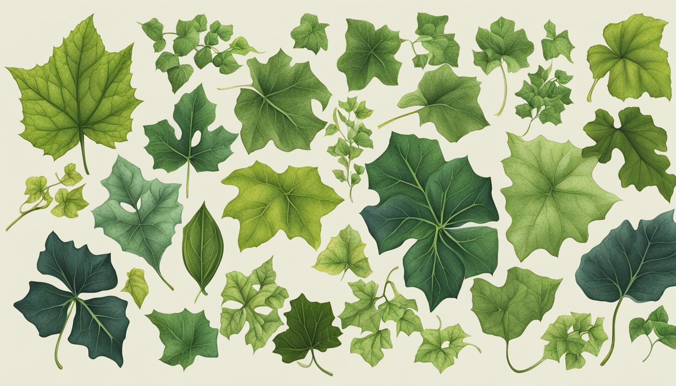 A variety of ivy leaves arranged in a botanical illustration style, showcasing the different shapes, textures, and colors of the plant