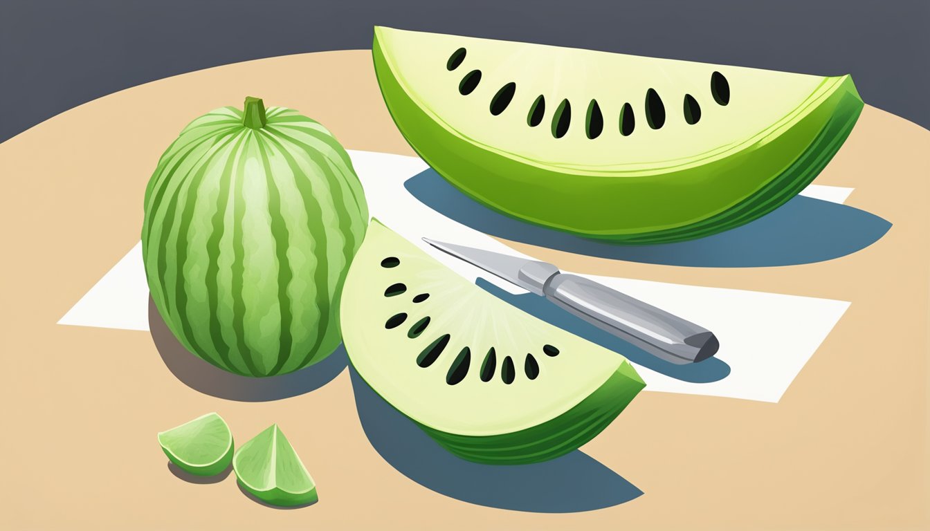 A sliced unripe honeydew melon next to a ripe one, with a question mark hovering above them