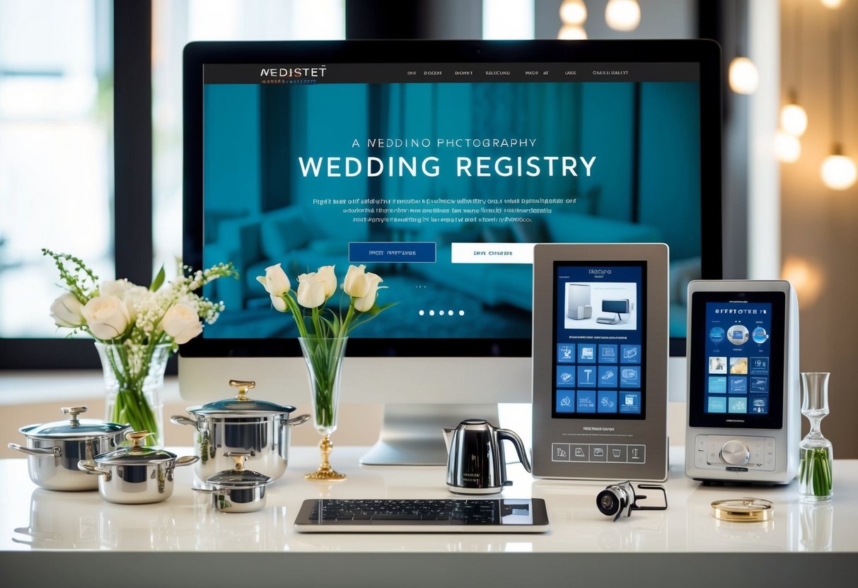 A lavish wedding registry with high-end items like designer kitchenware, luxury home decor, and top-of-the-line electronics displayed on a sleek, modern website