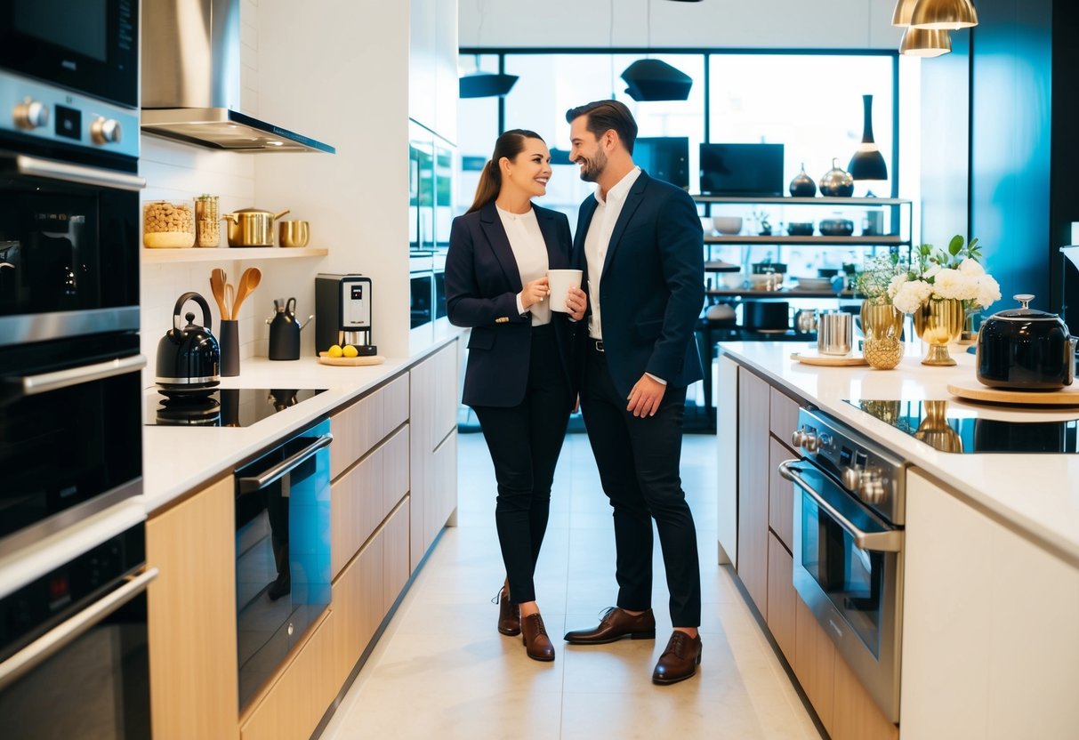 A couple browsing a variety of high-end kitchen appliances and luxurious home decor items in a well-lit, modern store