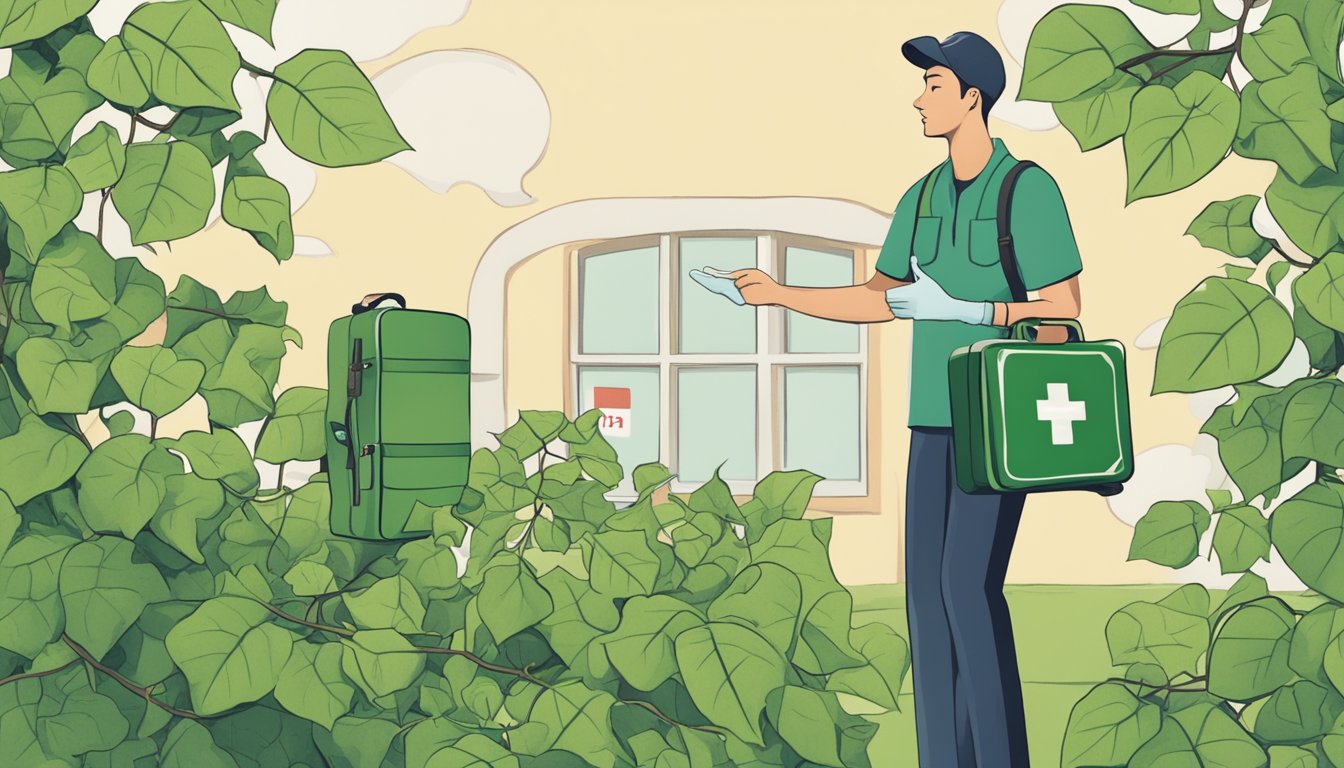 A person holding a leaf of ivy, with a question mark above their head. Nearby, a first aid kit and a safety warning sign