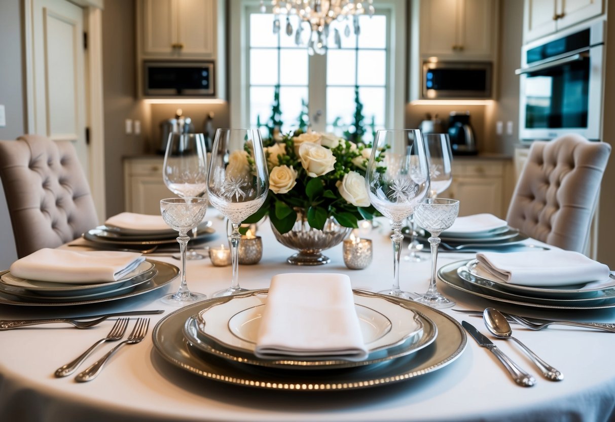 A luxurious table setting with fine china, crystal glassware, and silver flatware, surrounded by elegant home decor and high-end kitchen appliances