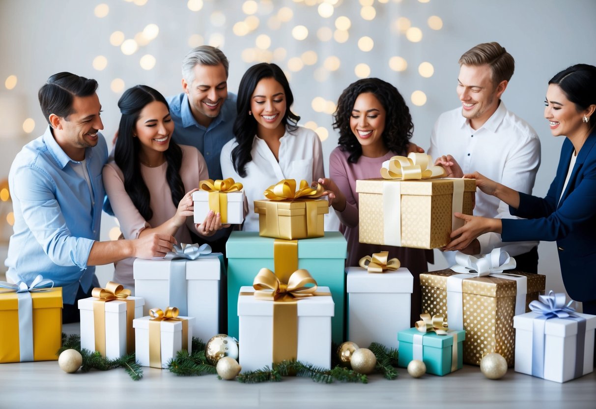 A beautifully decorated gift registry with a mix of high-end and affordable items, surrounded by happy friends and family members contributing to the large items