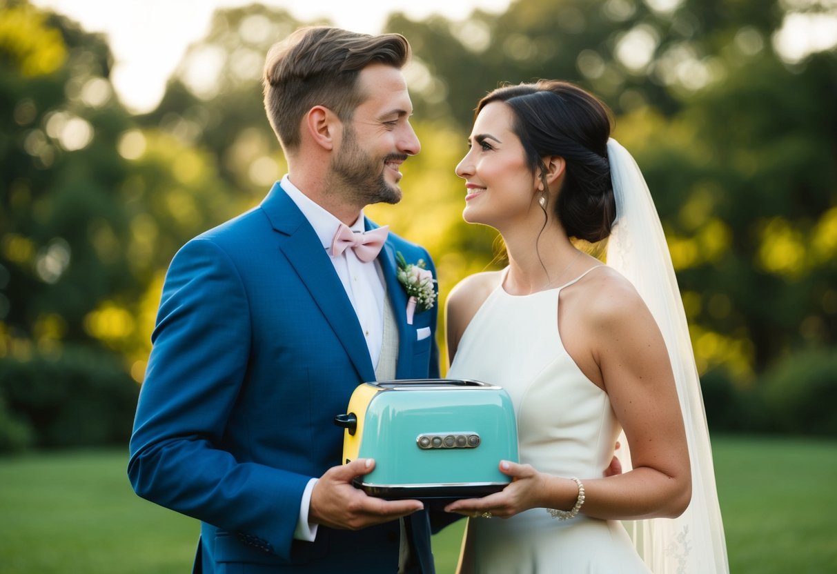 A couple rejecting items like toasters and blenders for their wedding registry, instead asking for experiences or charitable donations
