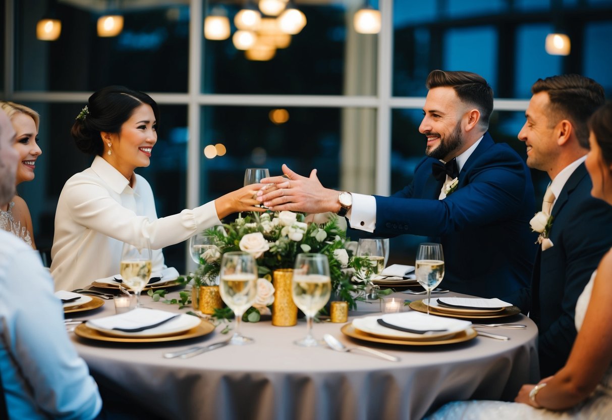 A table displaying a mix of practical and luxurious items, with a couple expressing gratitude to their guests