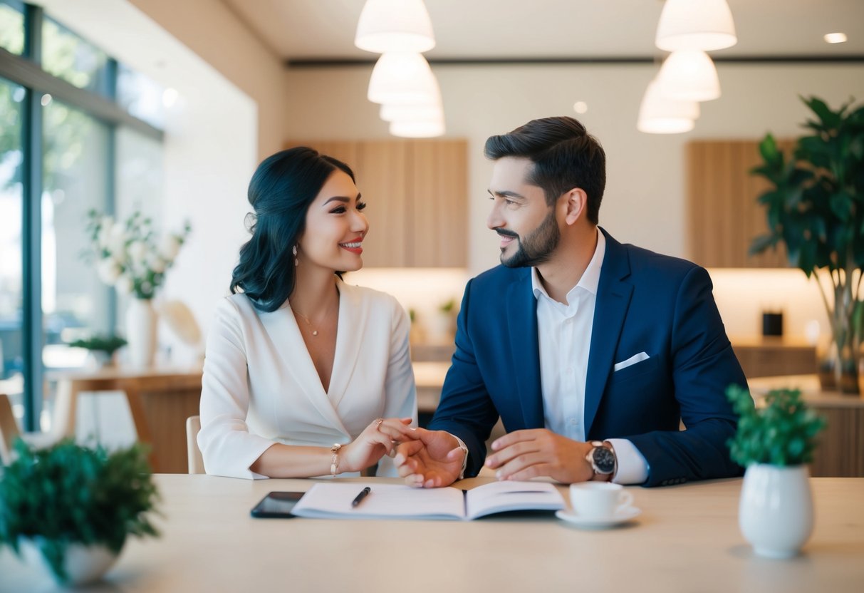A couple discussing wedding registry items, avoiding expensive requests