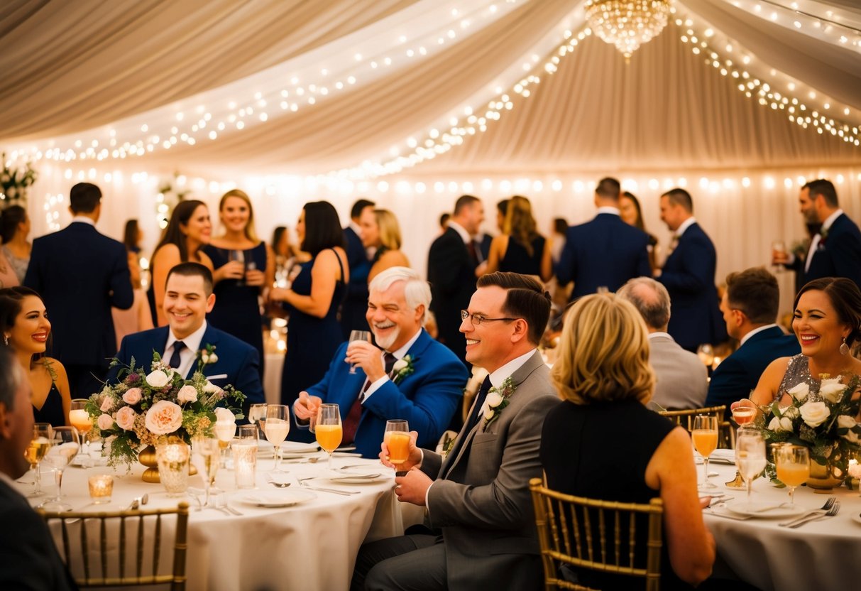Guests mingle under twinkling lights, sipping cocktails and chatting at tables adorned with elegant floral centerpieces. A warm and inviting atmosphere fills the air as laughter and chatter fill the room