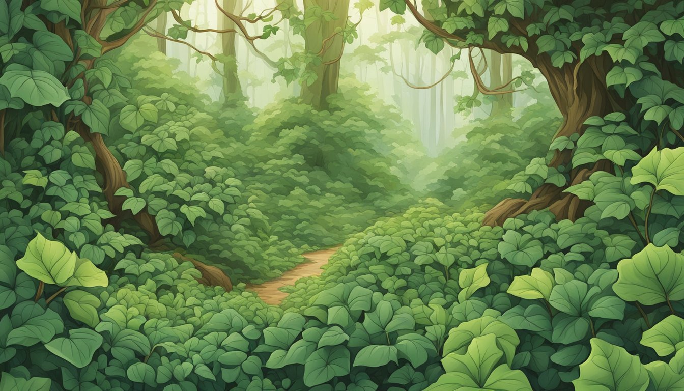 Lush green ivy leaves surrounded by various wildlife in a natural forest setting