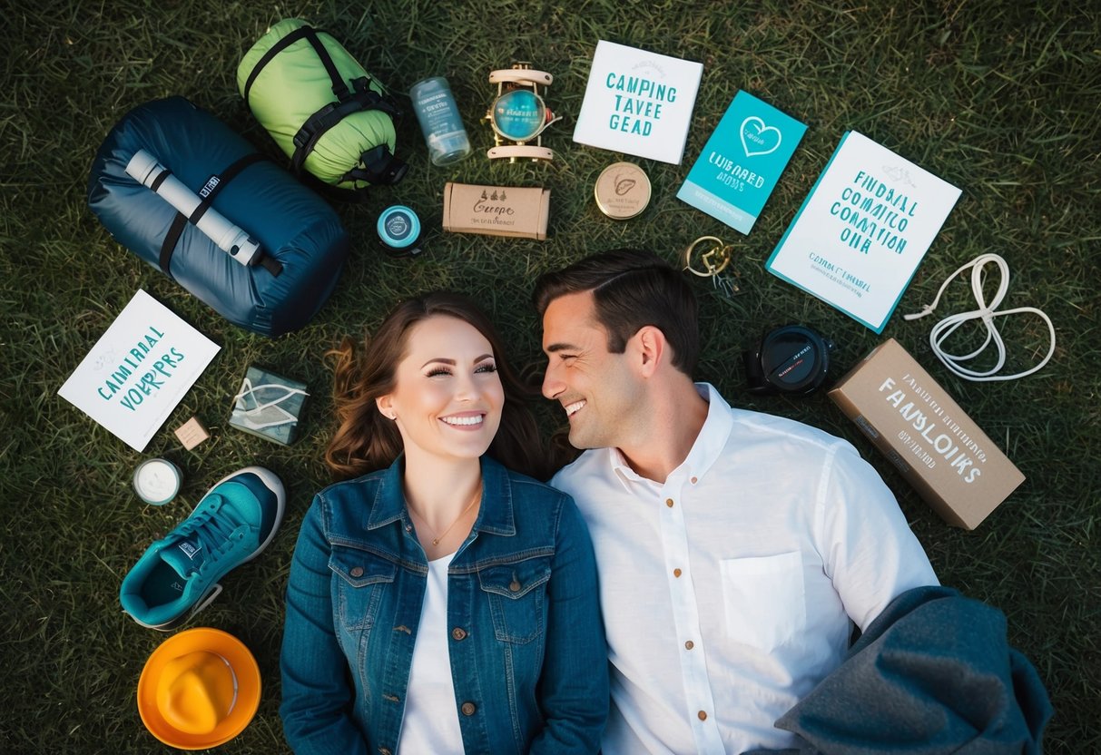 A couple surrounded by non-traditional registry items like camping gear, travel vouchers, and charitable donation options