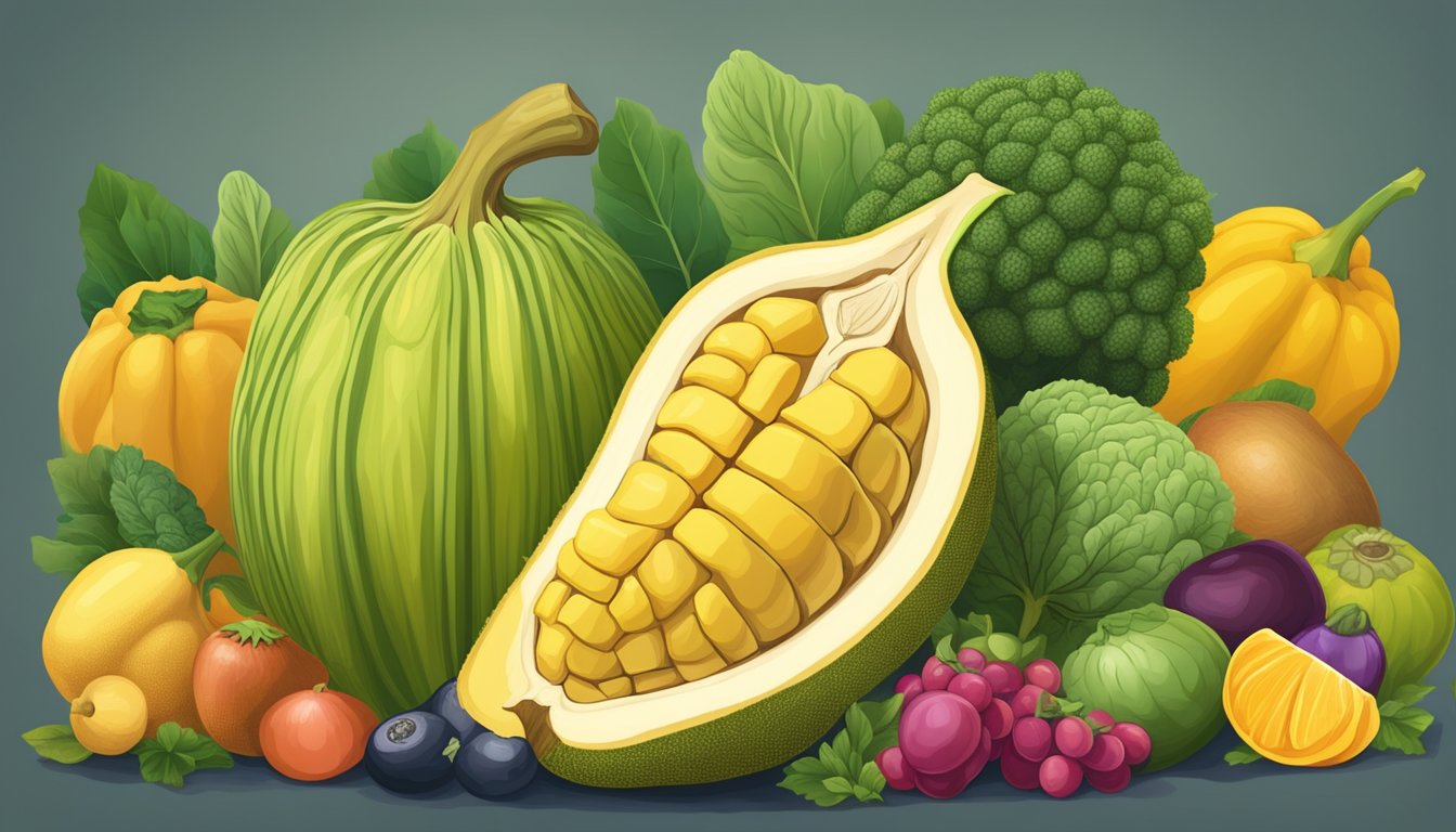 A vibrant illustration of a whole jackfruit surrounded by various fruits and vegetables, highlighting its nutritional content and safety for consumption