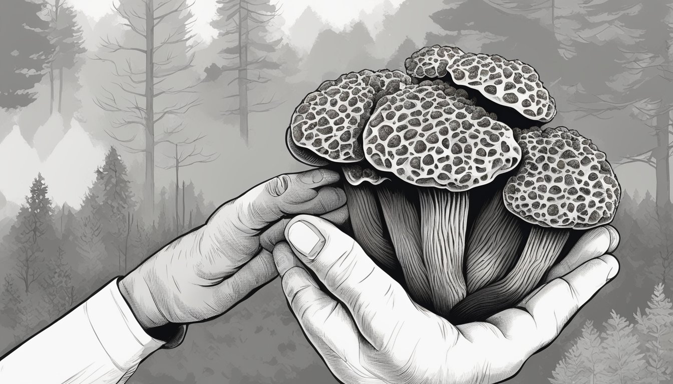 A person holds a morel mushroom in one hand and inspects it closely, looking for signs of decay or contamination. They appear cautious and concerned about the safety of consuming the mushroom