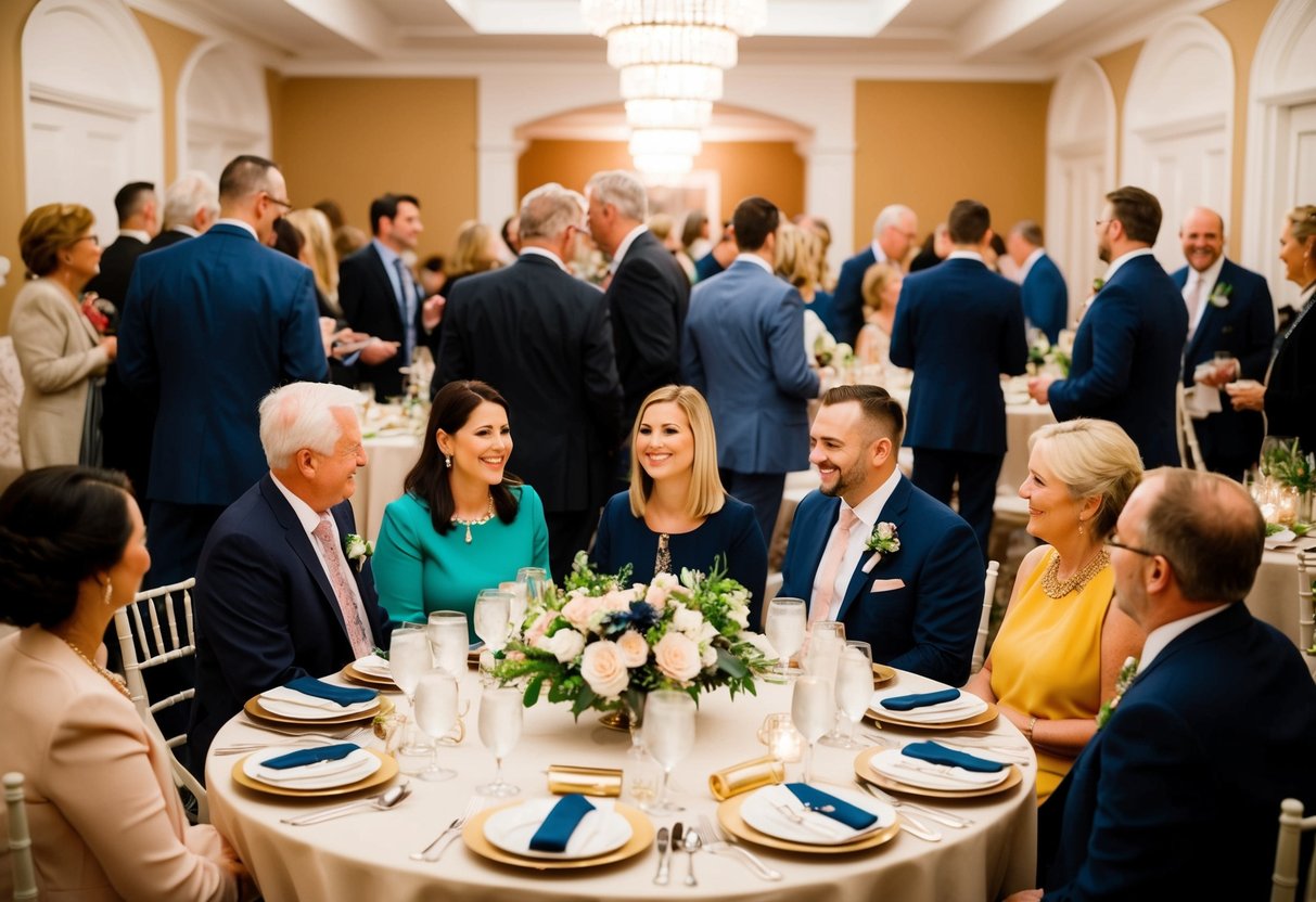 Guests mingle and chat at a beautifully decorated venue. Tables are set with elegant place settings, and a warm, inviting atmosphere fills the room