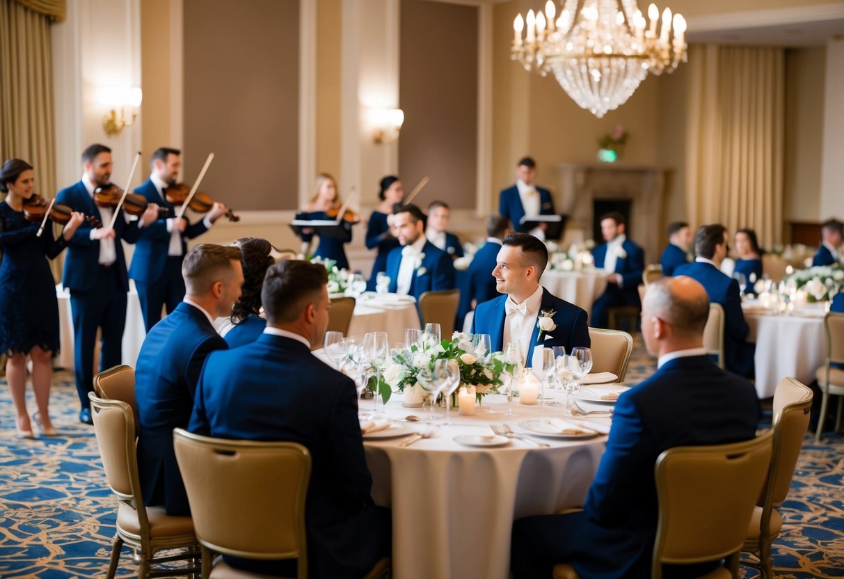 The wedding rehearsal dinner takes place in a beautifully decorated banquet hall, with tables set for a formal meal. A string quartet plays in the background as the staff prepares to serve the guests