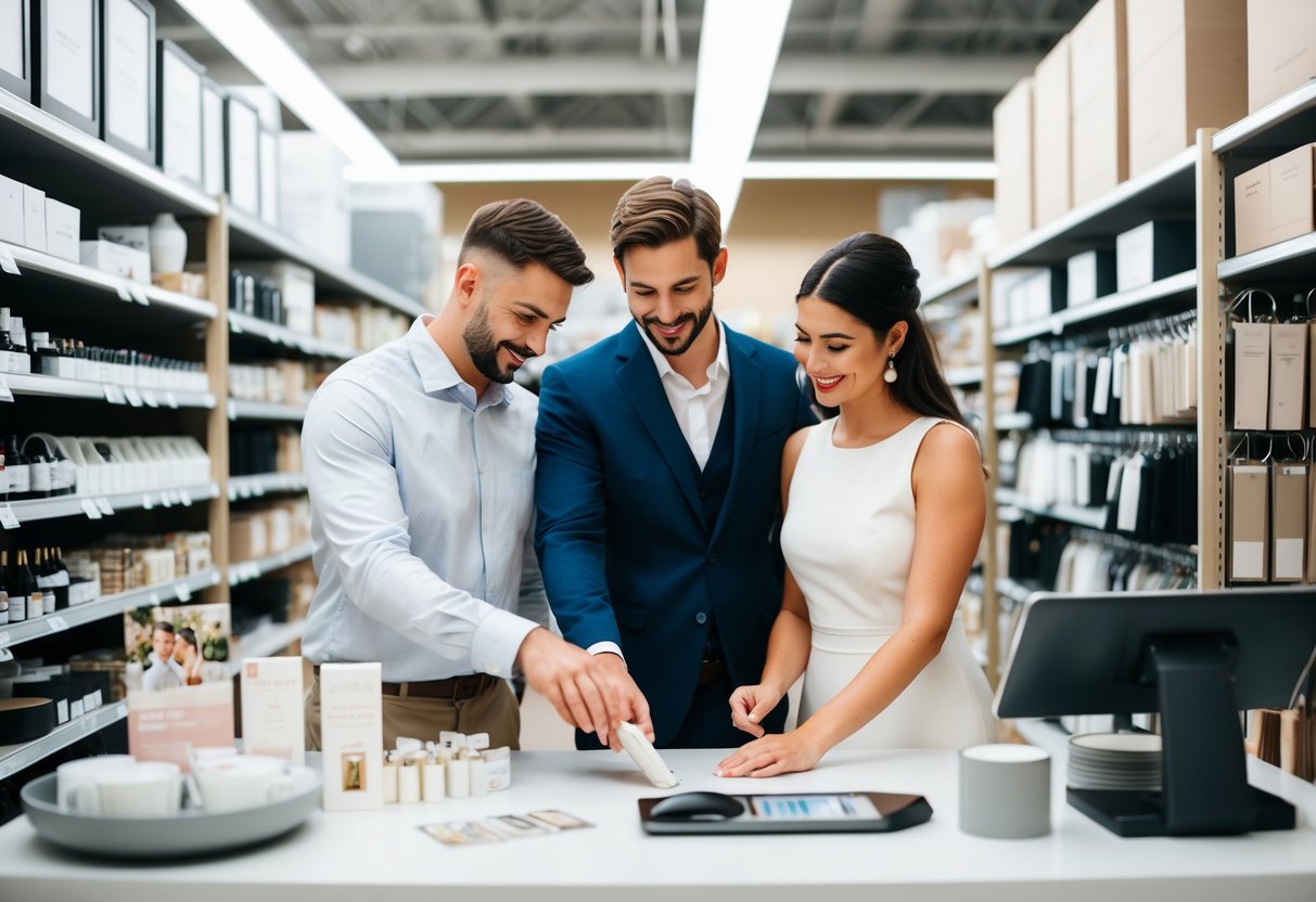 A couple selecting items in a store, surrounded by wedding-related products and a registry scanner