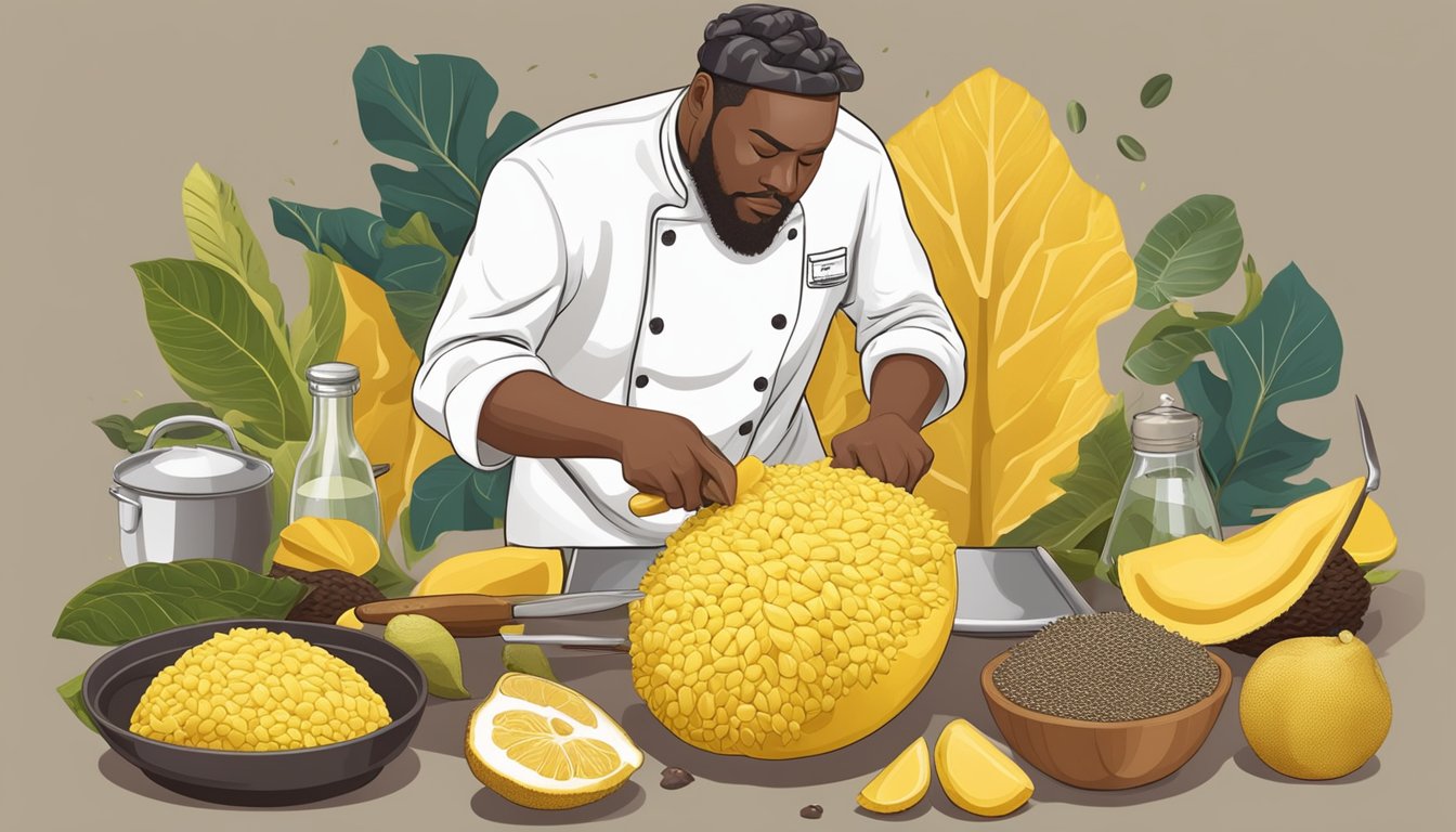 A chef slicing into a ripe jackfruit, revealing its yellow flesh and seeds, surrounded by various cooking utensils and ingredients