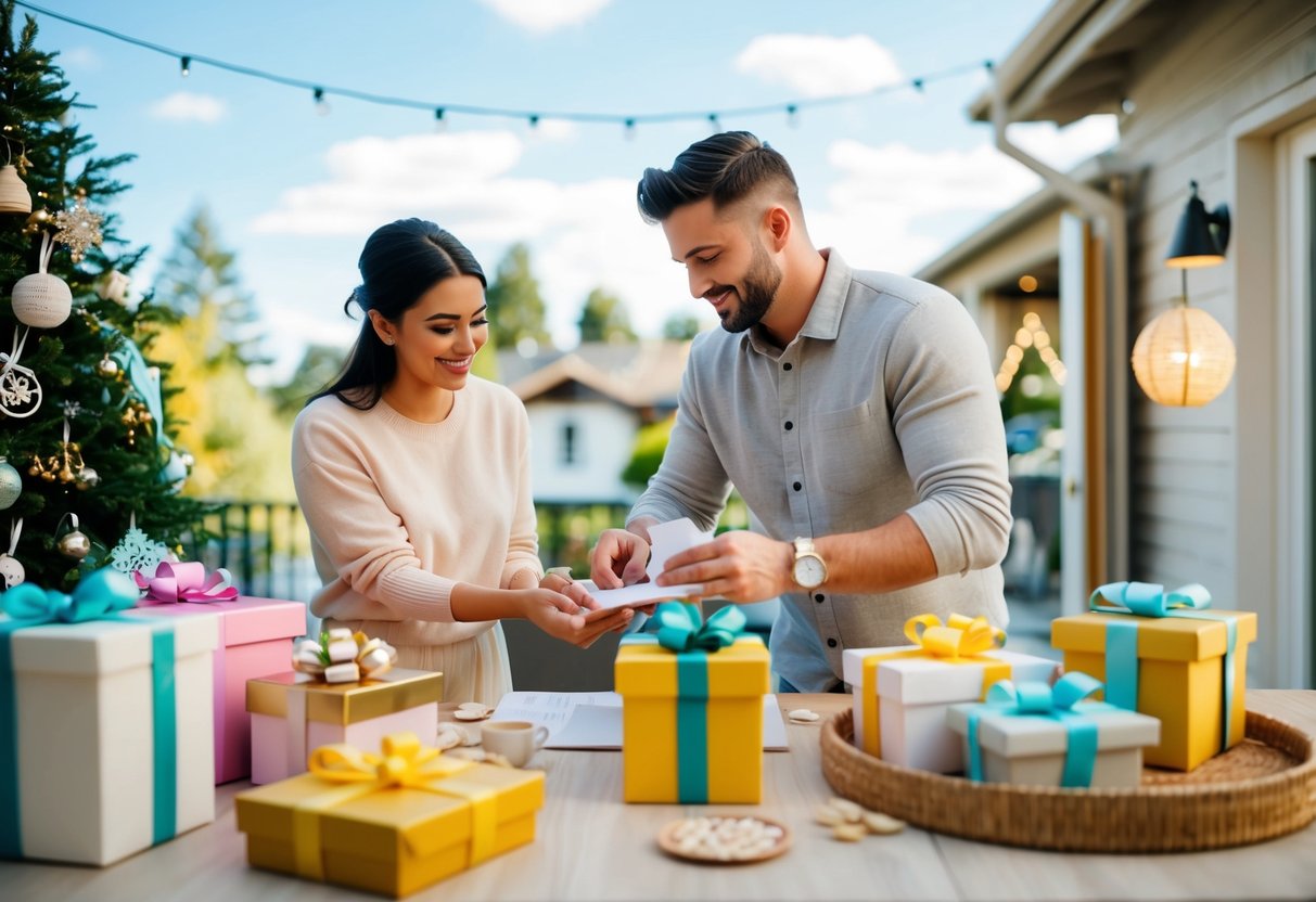 A sunny afternoon with a couple creating a wedding registry at a cozy home, surrounded by gifts and decorations