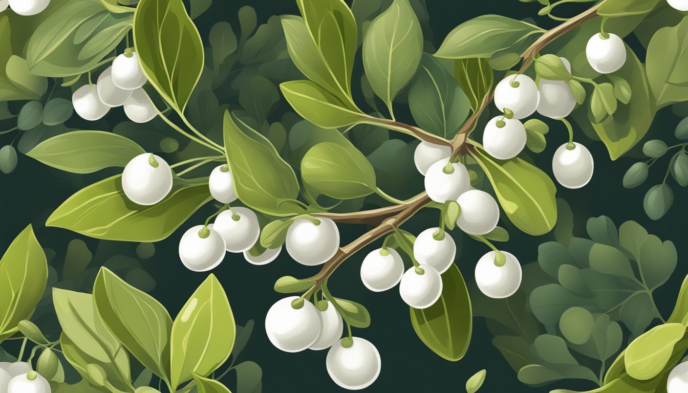 A mistletoe plant with white berries in a forest setting