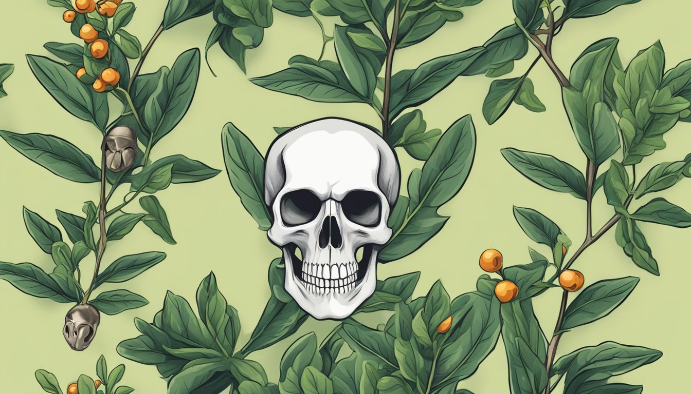 A warning sign next to a mistletoe plant with a skull and crossbones symbol