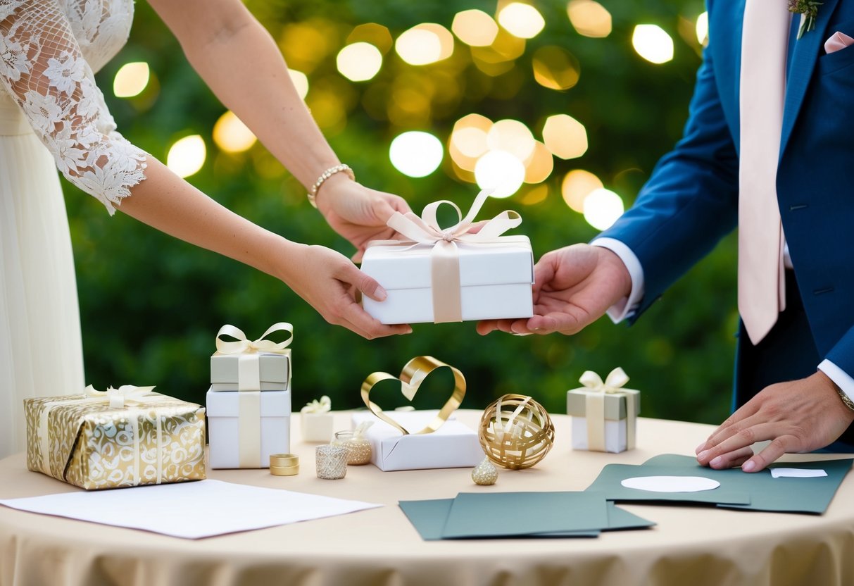 A couple placing wedding registry items on a table, surrounded by decorative elements and gift-wrapping materials