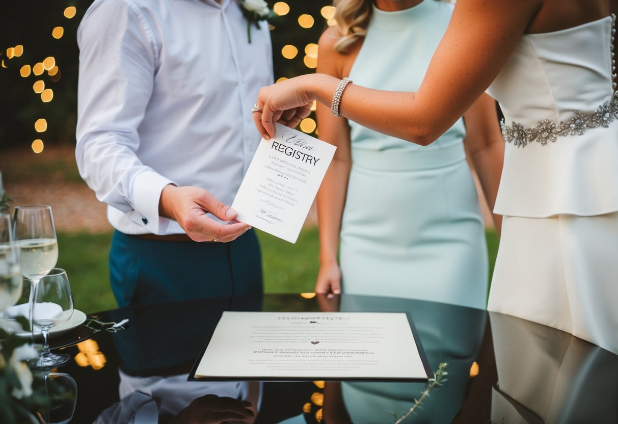 A couple placing a wedding registry on a table after their celebration