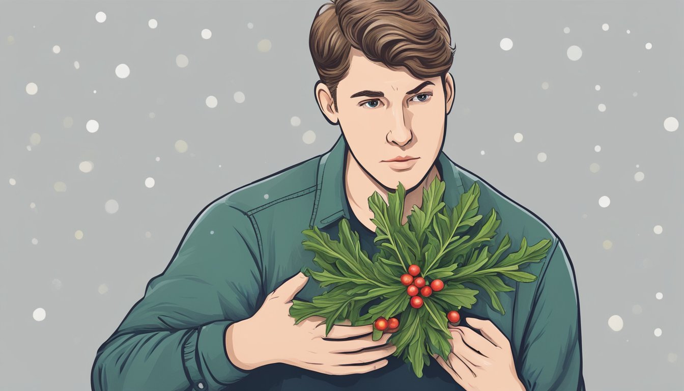 A person holding mistletoe and looking concerned