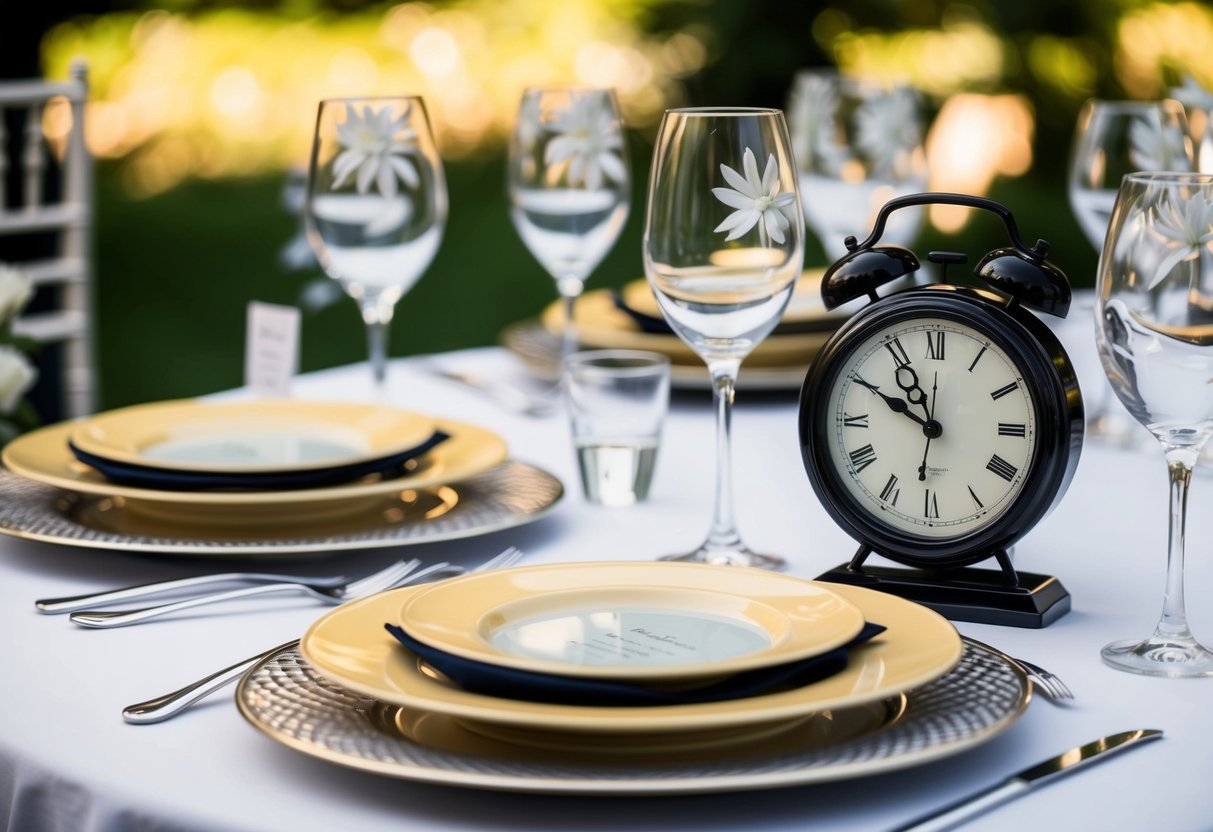 A table set with elegant dinnerware and a clock showing the time for a rehearsal dinner