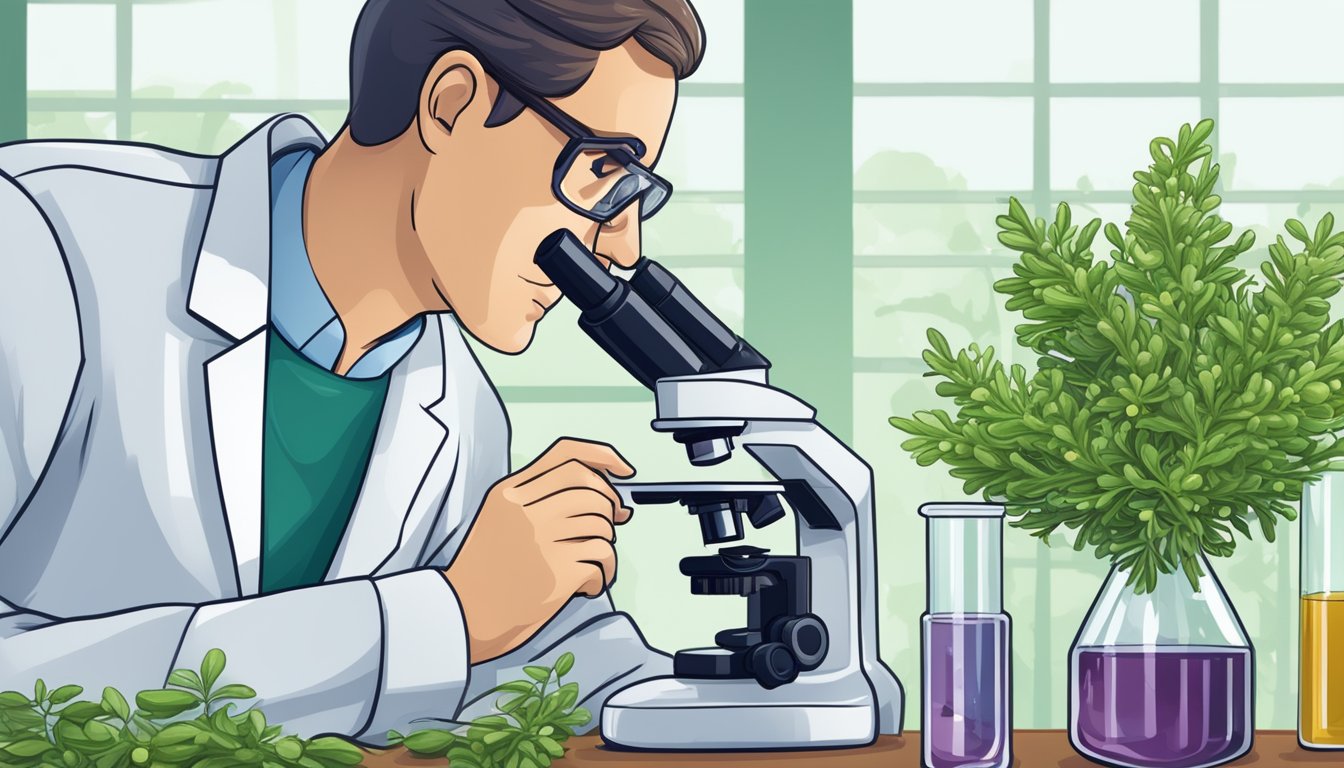 A scientific lab setting with a microscope, test tubes, and a scientist studying mistletoe for potential medical benefits