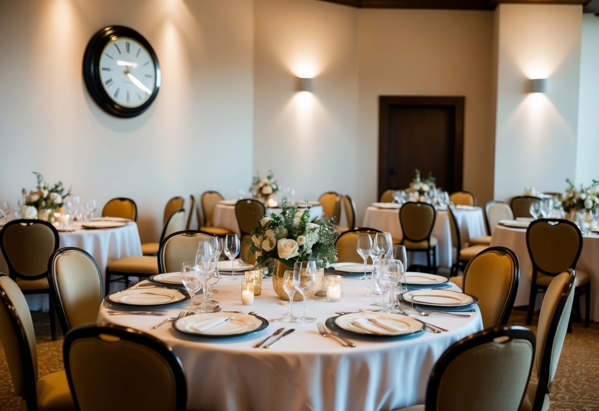 A table set with elegant dinnerware and decorations, surrounded by chairs for guests. A clock on the wall shows the time