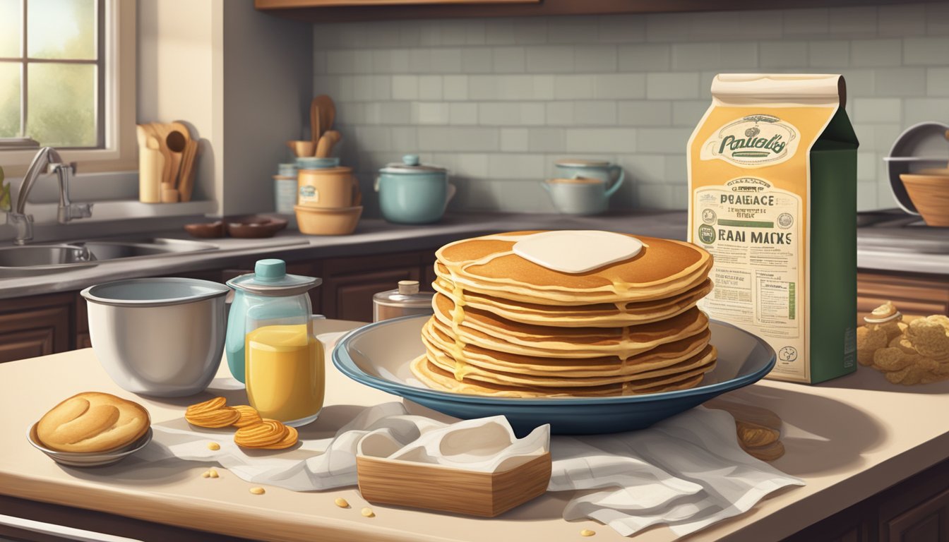 A vintage kitchen with a box of expired pancake mix and various ingredients on the counter