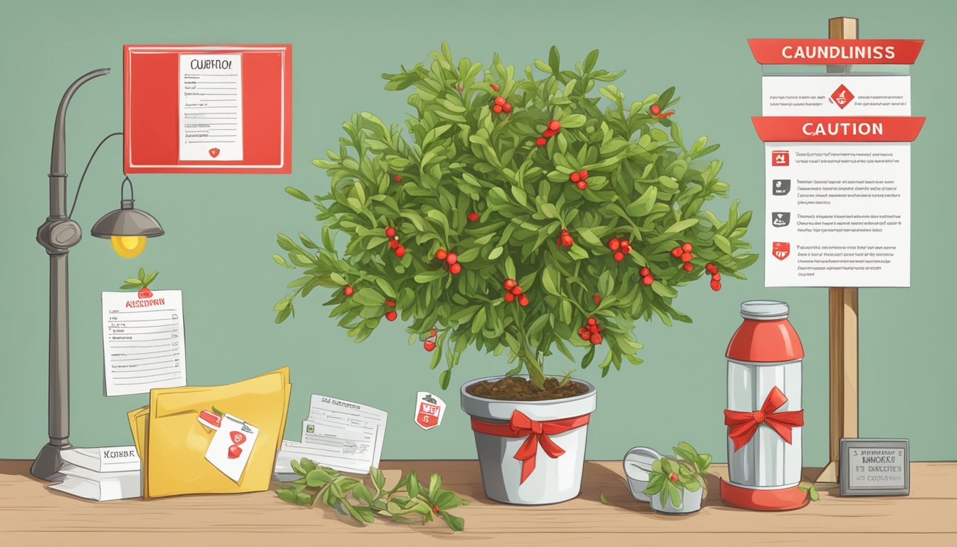 A mistletoe plant with a red bow, surrounded by caution signs and a list of consumption guidelines