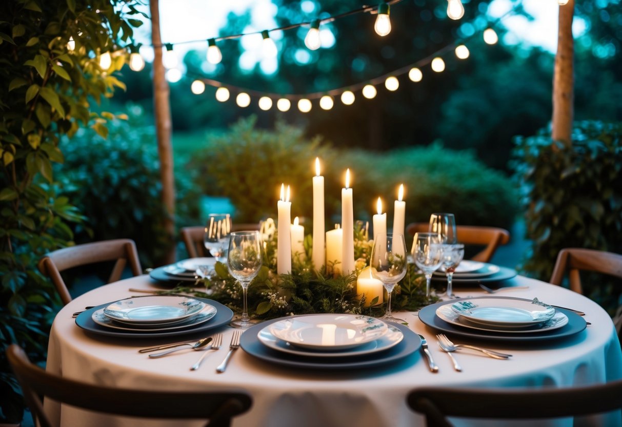 A table set with elegant dinnerware and flickering candlelight, surrounded by lush greenery and soft string lights in a cozy outdoor setting