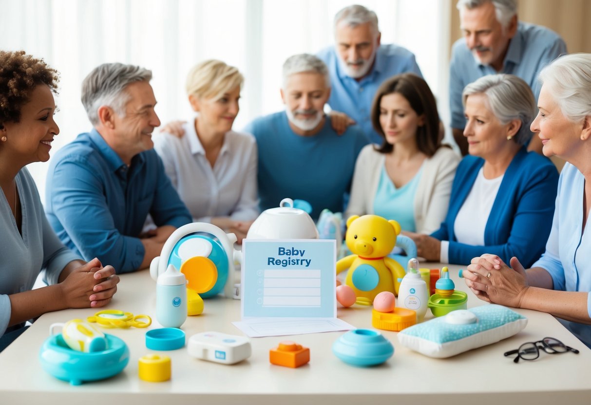 A table with various baby items, including a baby registry card, surrounded by concerned friends and family members