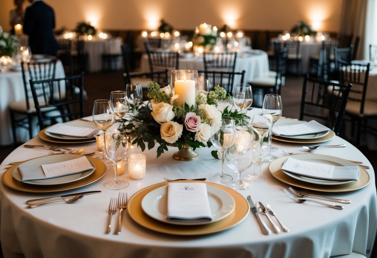A beautifully set table with elegant place settings, surrounded by soft candlelight and fresh flowers, awaits guests for a rehearsal dinner