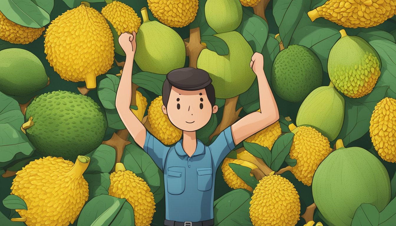 A person holding a ripe jackfruit, with caution signs and question marks surrounding it