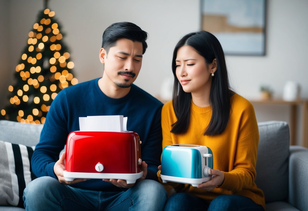 A couple receiving an unwanted gift, like a broken toaster, and looking disappointed