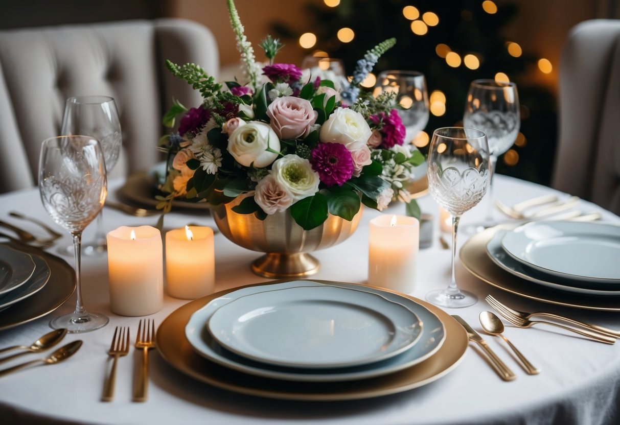 A table set with elegant dinnerware and a centerpiece of fresh flowers, surrounded by softly lit candles and a cozy, intimate atmosphere