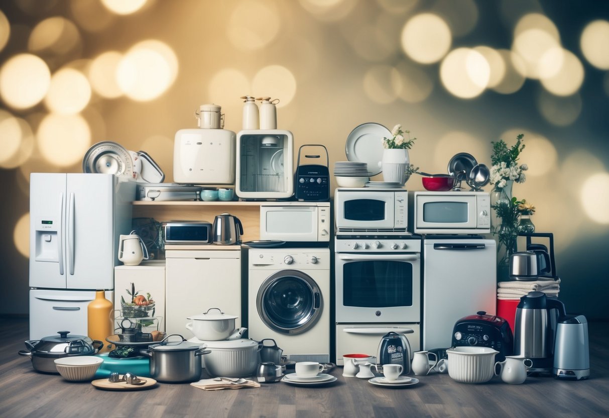 A cluttered wedding registry with outdated appliances, mismatched dinnerware, and impractical gadgets